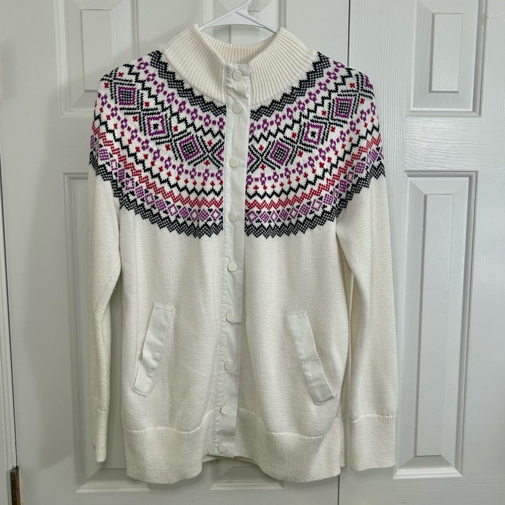 Talbots Thermolite Sweater Jacket Modern Fair Isle Snap Front Cardigan Sz Small - Picture 2 of 16